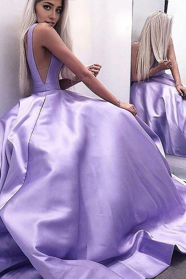 A-Line V-Neck Backless Sweep Train Lilac Satin evening gown Party Prom Dress